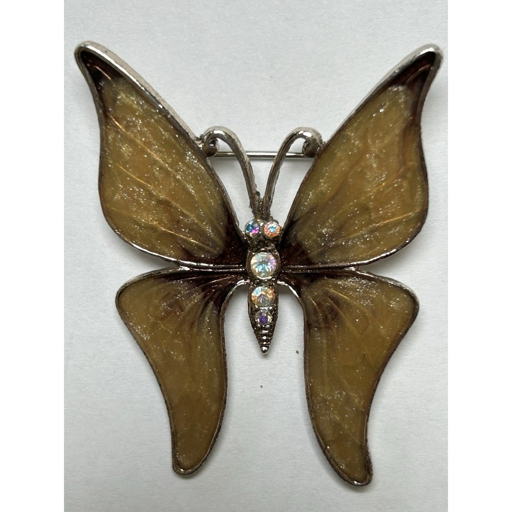 Vintage Enamel And Iridescent Rhinestone Butterfly Brooch